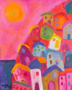 Houses with pink sky